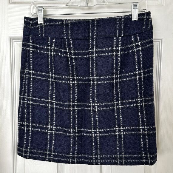 Ann Taylor Loft Tweed Navy Blue Plaid Mini Skirt Size 2 A Line Office Preppy - Picture 3 of 8